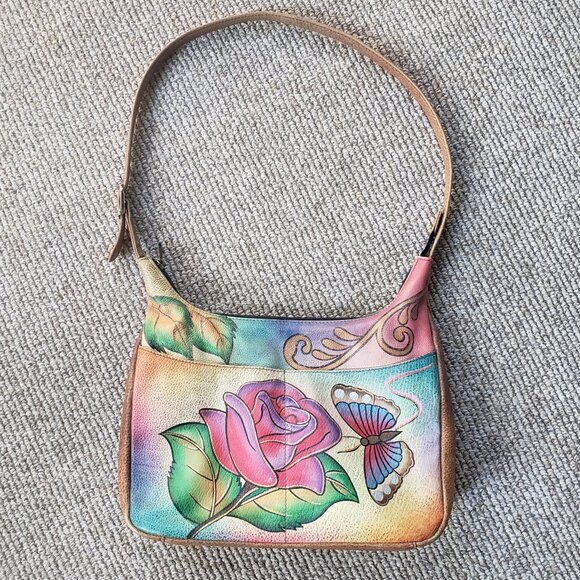 Anuschka Hobo Shoulder Bag w/ Wallet Hand Painted Leather Purse Butterfly - Picture 1 of 14